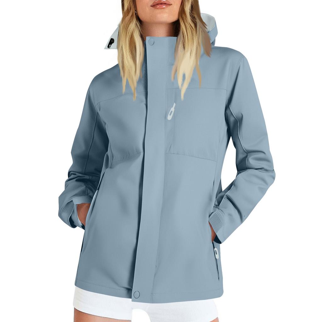 Women Solid Stripe Rain Jacket Outdoor Plus Waterproof Hooded Raincoat Windproof