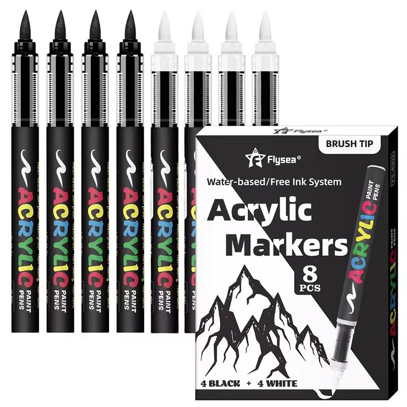 Schwarz-Weiß Acryl-Farbstift, 8 Stück Stifte mit großem Tintenvolumen, Ideal für Illustrationen, Skizzieren/Holz-/Steinmalerei/Glas