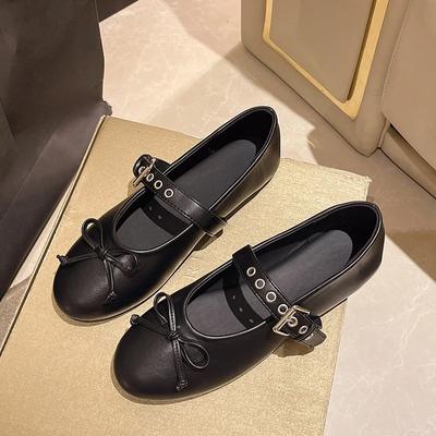 Modische Mary Jane Schuhe Frühjahr 2024 Neue Vintage Blockabsatz Leder Pumps Damenschuhe mit Schleife Französische Einzelstücke