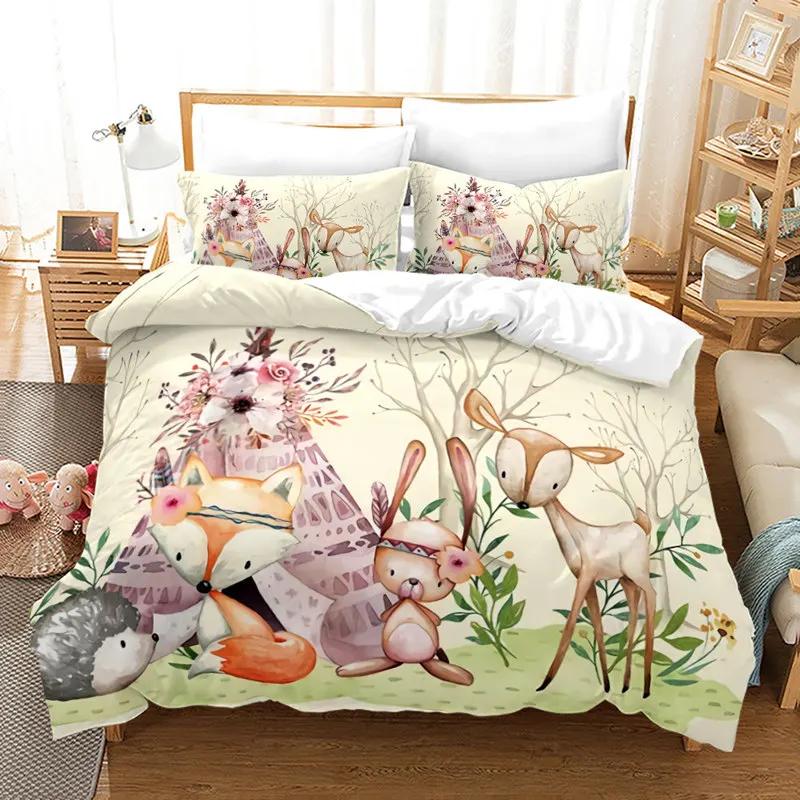 Kids Cartoon Fox Duvet Cover Microfiber Bedding Set Lovely Animal Theme Comforter Cover King For Kids Adults Girls Bedroom Decor