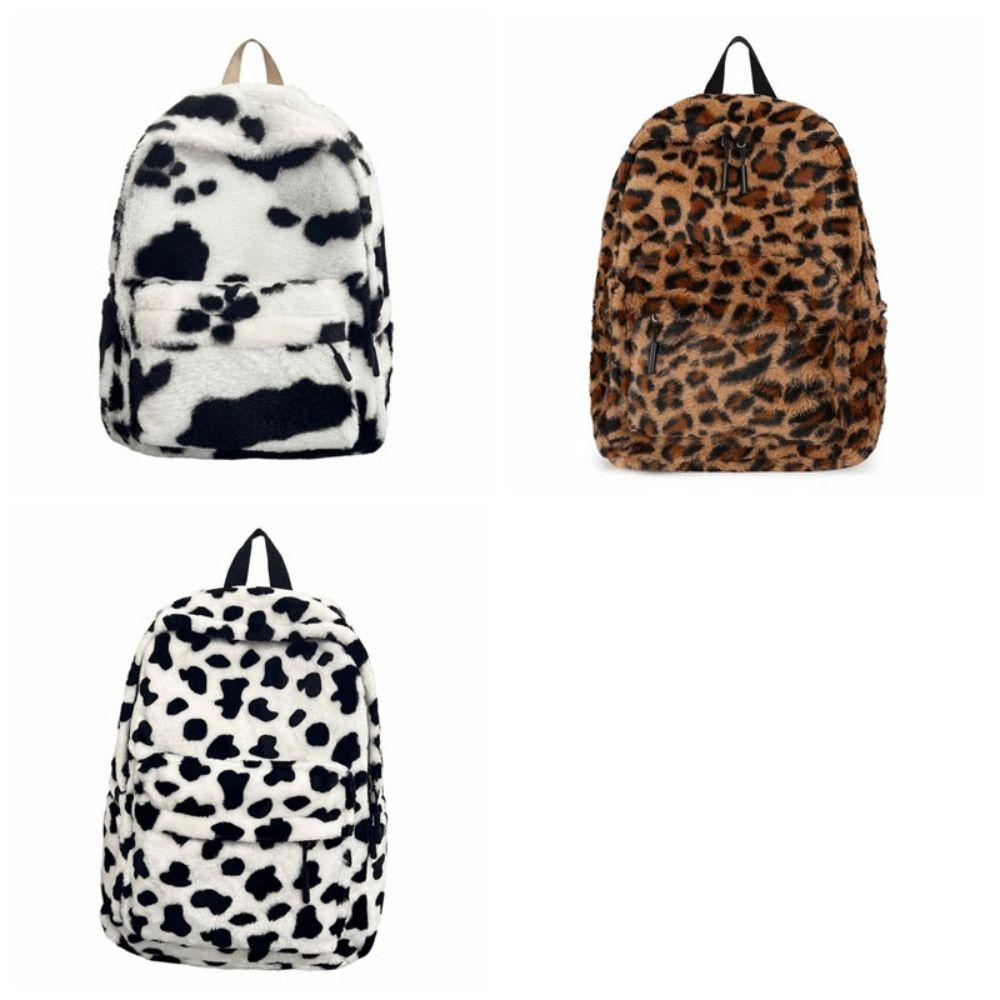 Plush Leopard Print Backpack Lightweight Students Daypack Wear Resistant Students School Bag  Daily