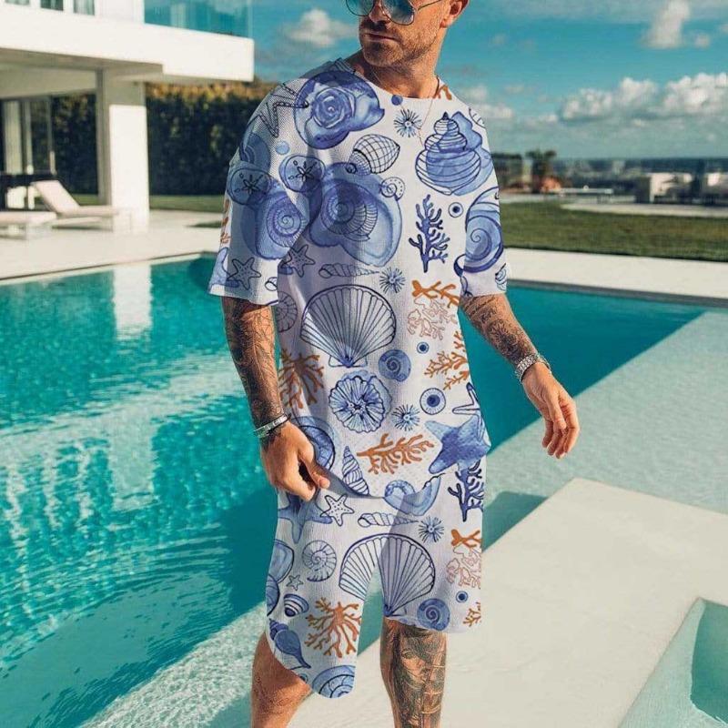 Men's Beach Set Hawaiian T-shirt Vacation Casual Beach Pants Suit Fashion Full Print Tshirt Set Top New Mens Tees Short Two Set