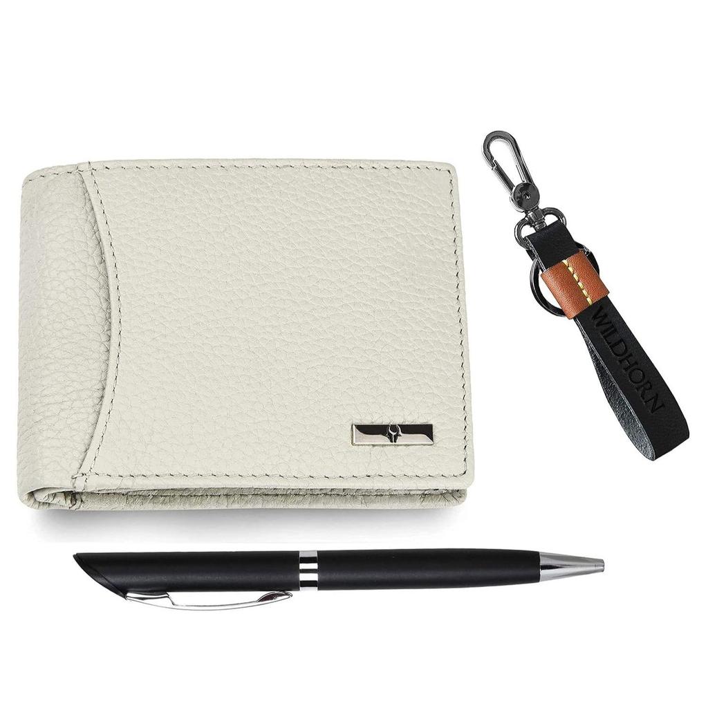 WildHorn Gift Hamper for Men I Leather Wallet, Keychain & Pen Combo Gift Set I Gift for Friend, Boyfriend,Husband,Father, Son Etc (Beige M)