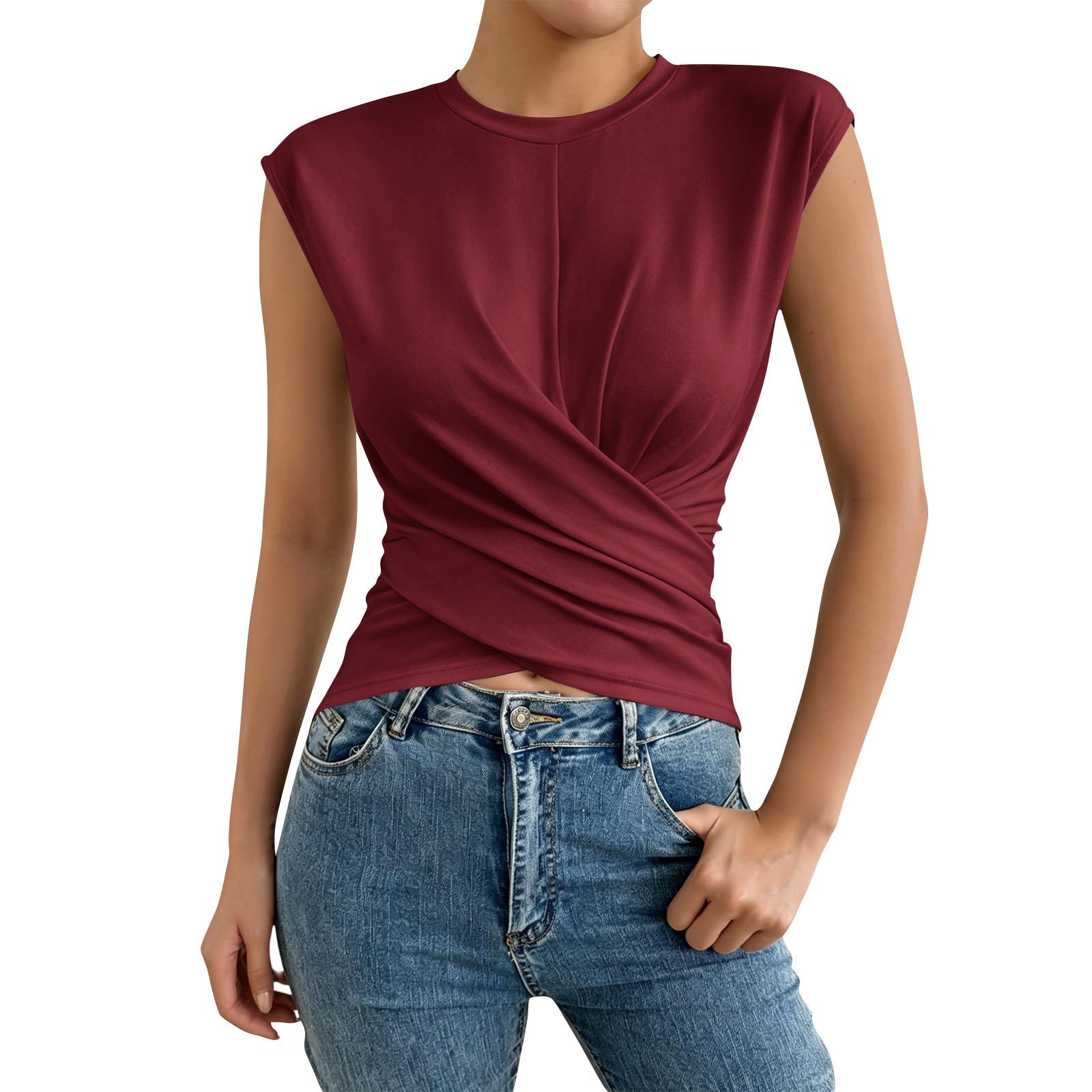 

Women’s Sleeveless Crew Neck Ruched Waist Casual Fitted T Shirt Top for Everyday Wear and Layering L