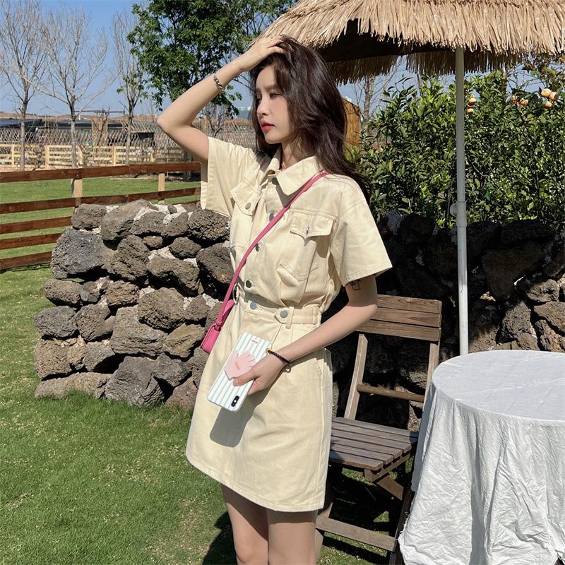 

Літня сукня А-силуету з деніму в французькому ретро-стилі 2025 для жінок S абрикосовий