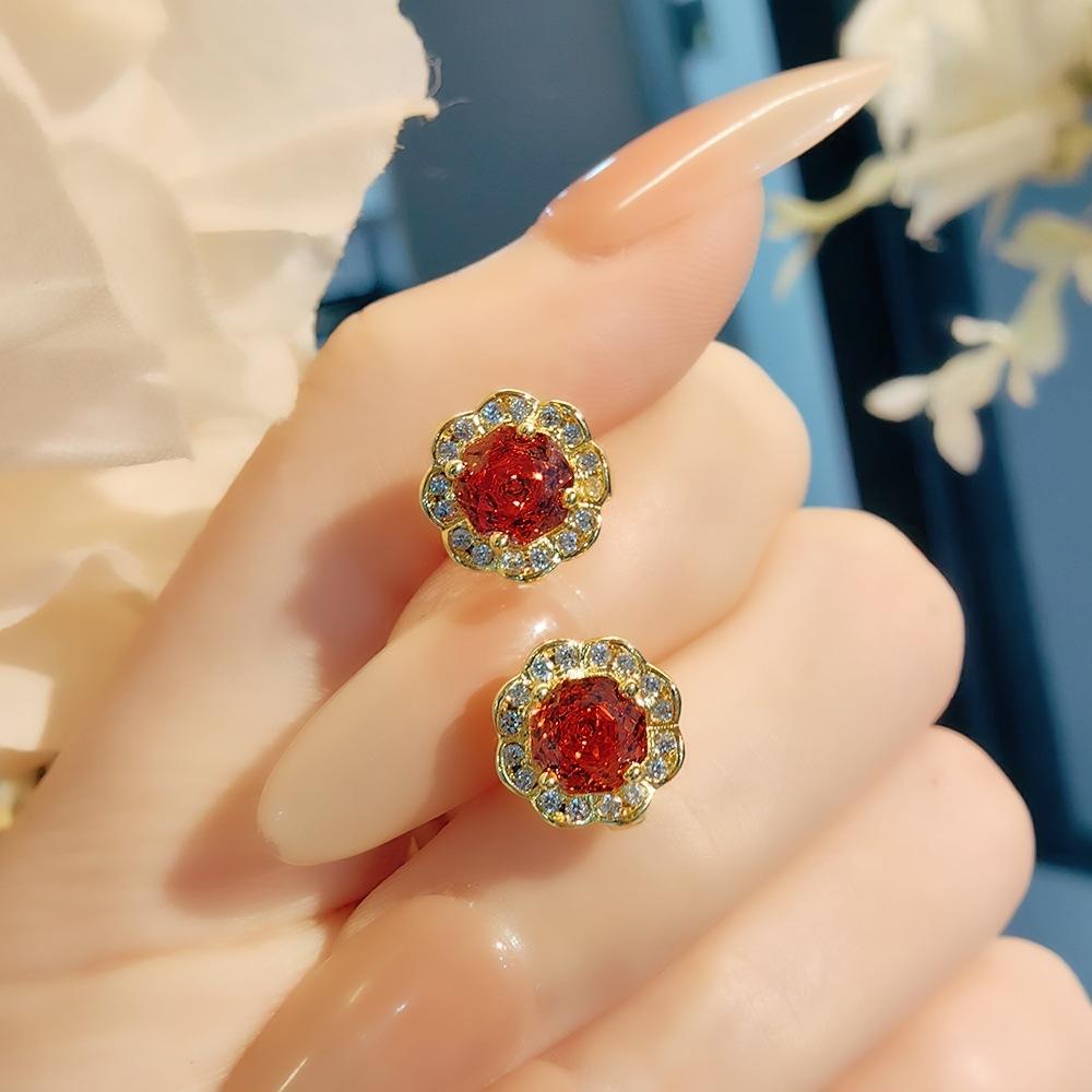 Exquisite Colorful Octagon Millennium Rose Cut Paraiba Ring Set Light Luxury High Carbon Diamond Redstone Stud Earrings Pendant