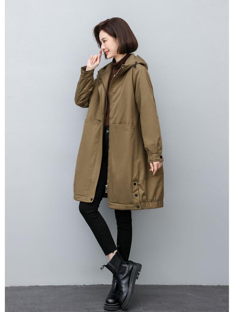 Women's 2024 Winter Fleece-Lined Hooded Parka: Loose Mid-Length Thickened Workwear Cotton Coat