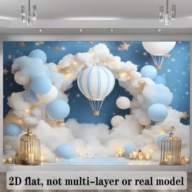 2D Gender Neutral Party Background Cloth Blue Hot Air Balloon Banner for Decor