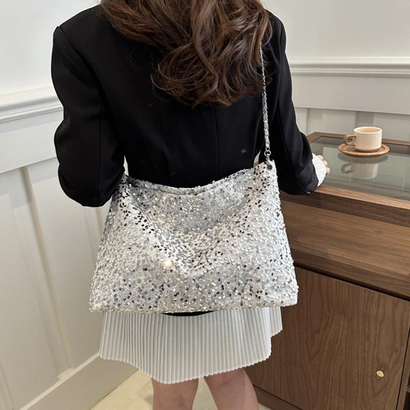 Large Capacity Shoulder Bag for Women Sequin Shine Handbag Slouchy Solid Color Crossbody Bag Trendy Underarm Bag for Work Travel Shopping CLE