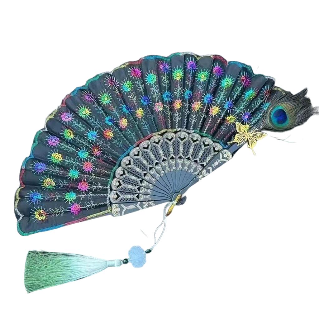 Colorful Hand Fan Elegant Peacock Feather Folding Fan for Halloween and Vintaged Type Occasion Decoration