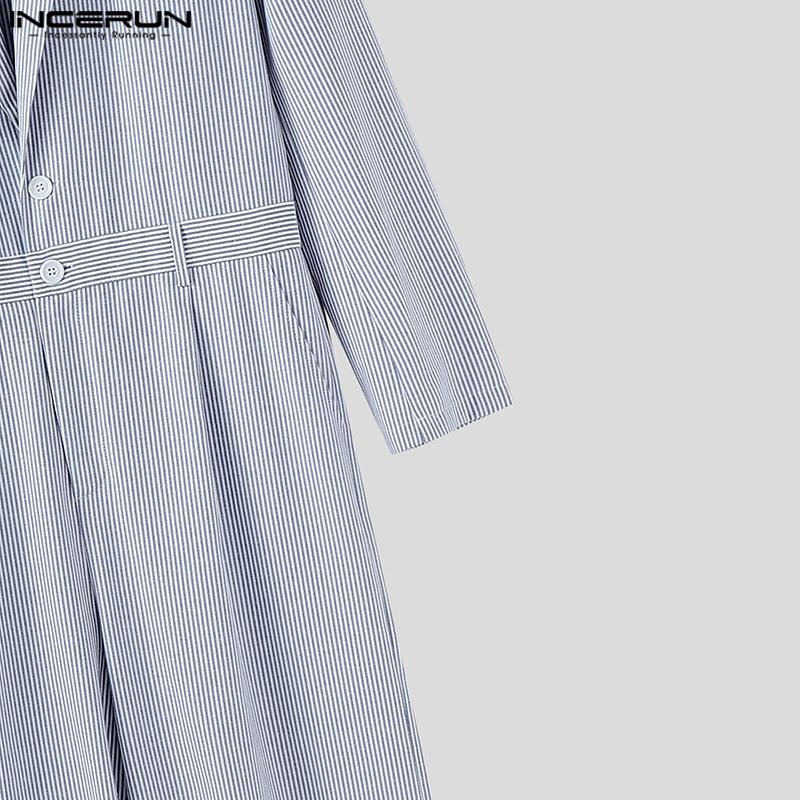 INCERUN Oversized Men Lapel Neck Long Sleeve Striped Loose Long Rompers Jumpsuits