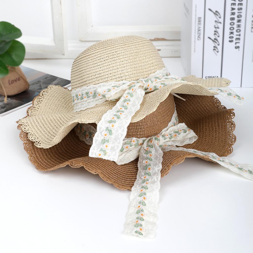 New lace bow sun hat women's spring and summer vacation wavy edge straw hat breathable sun hat