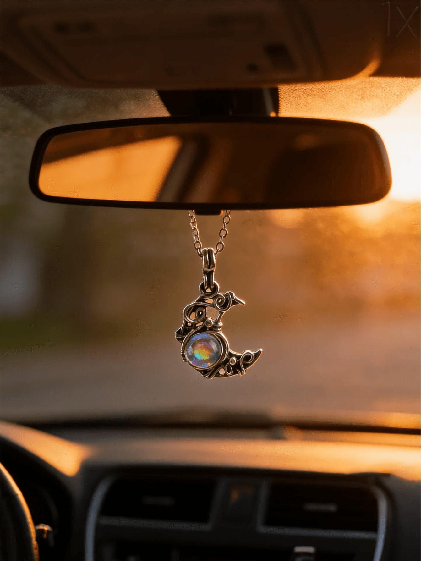 Vintage Moonstone Crescent Car Hanging, Antique Silver Bohemian Rearview Mirror Ornament, Mysterious Car Interior Decor for Wome