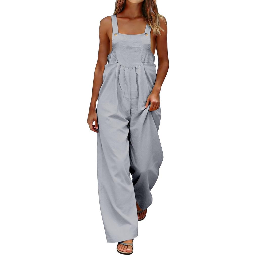 Women's Fashionable Color Sleeveless Casual Wide Leg Loose Jumpsuit With Pocket