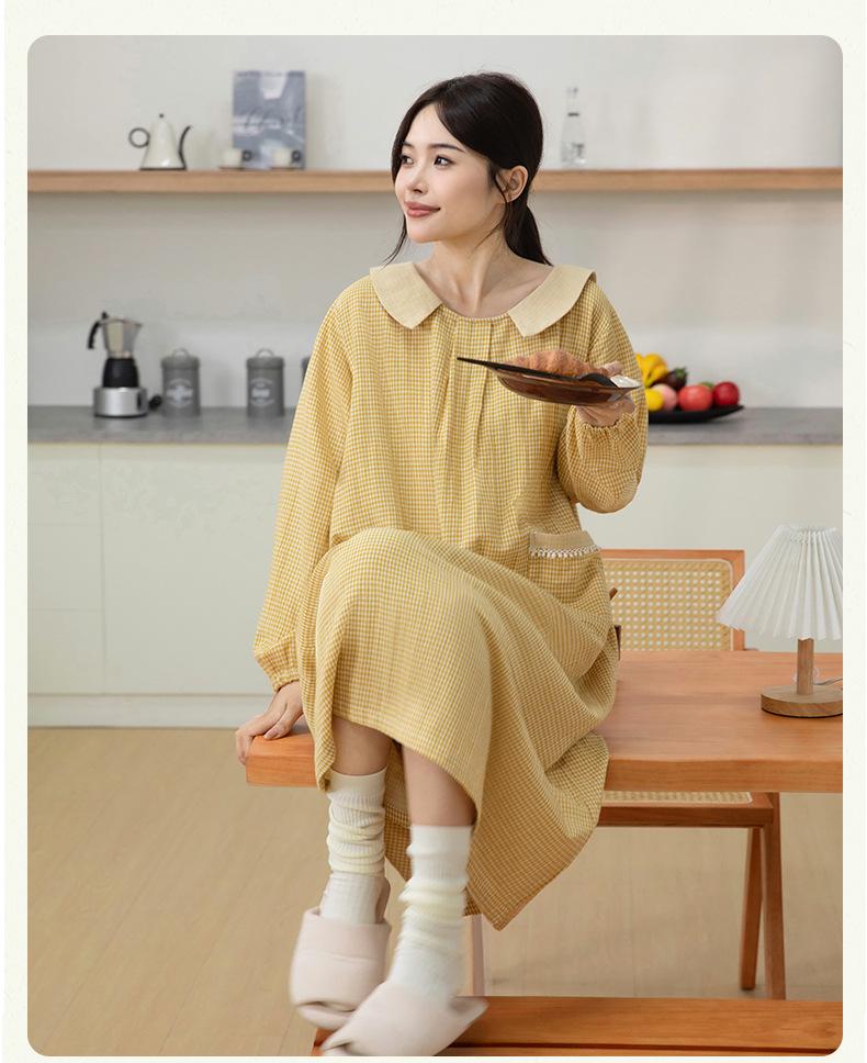 2025 Autumn Women's Soft Breathable Cotton Gauze Long Dress - Casual Home & Nightwear
