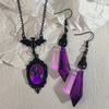 Gothic Black Bat Pendant Necklace With Faux Amethyst Drop Earrings Jewelry Set, Dark Witch Style, Perfect For Halloween Party We