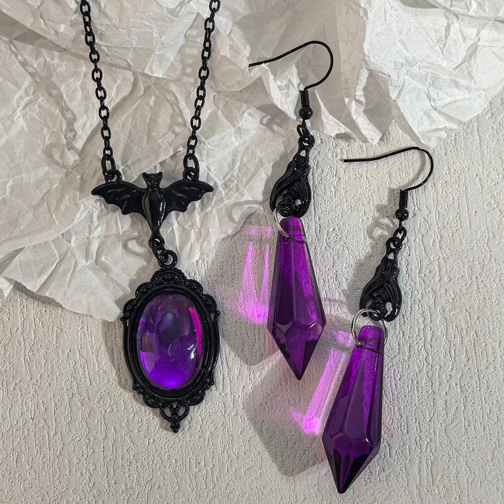 Gothic Black Bat Pendant Necklace With Faux Amethyst Drop Earrings Jewelry Set, Dark Witch Style, Perfect For Halloween Party We
