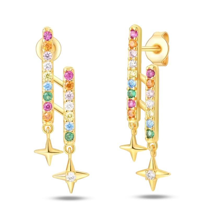 Original New In 925 Silver Gold Star And Moon Pave Colored Zircon Earrings For Women Trending Fashion Jewelry Birthday Gift