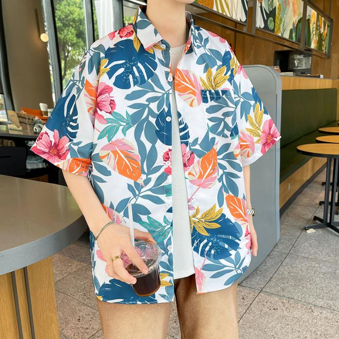 

Винтажные рубашки Хип-хоп Цветочный принт Рубашка с коротким рукавом Мужские свободные повседневные рубашки для мужчин Летние топы Гавайская одежда Унисекс Уличная одежда M белый