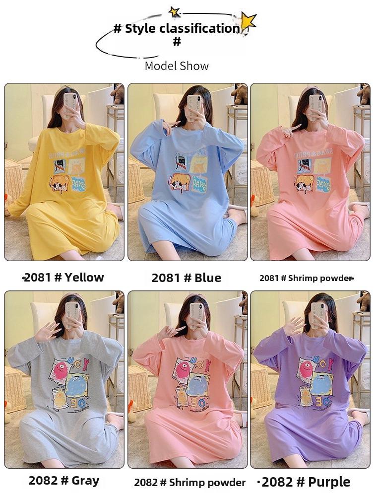 Pijamas bonitos de manga larga para mujer - Primavera/Otoño, Talla grande (Hasta 300 libras), Camisón de Largo Medio