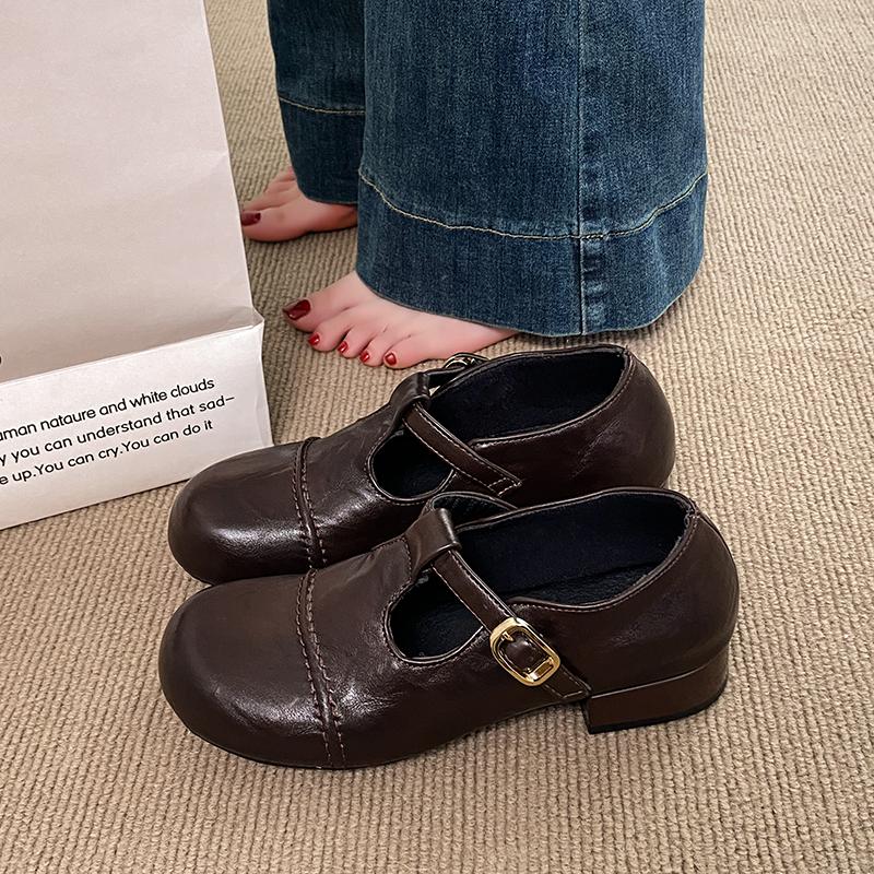 Vintage Mary Jane Square Heel Women's Spring and Autumn Black Joker Small Leather Shoes Thick Heel Dress French Single Shoes