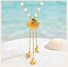 Ocean Style Y Necklace,18K Gold Plated Stainless Steel,Turquoise Paperclip Chain Dolphin Starfish Tassel Jewelry Waterproof