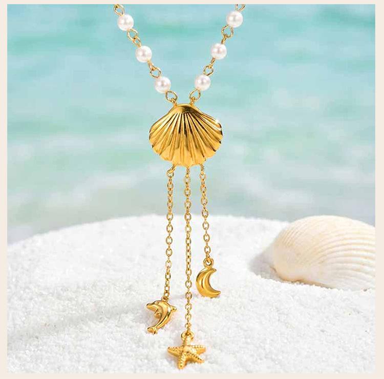 Ocean Style Y Necklace,18K Gold Plated Stainless Steel,Turquoise Paperclip Chain Dolphin Starfish Tassel Jewelry Waterproof
