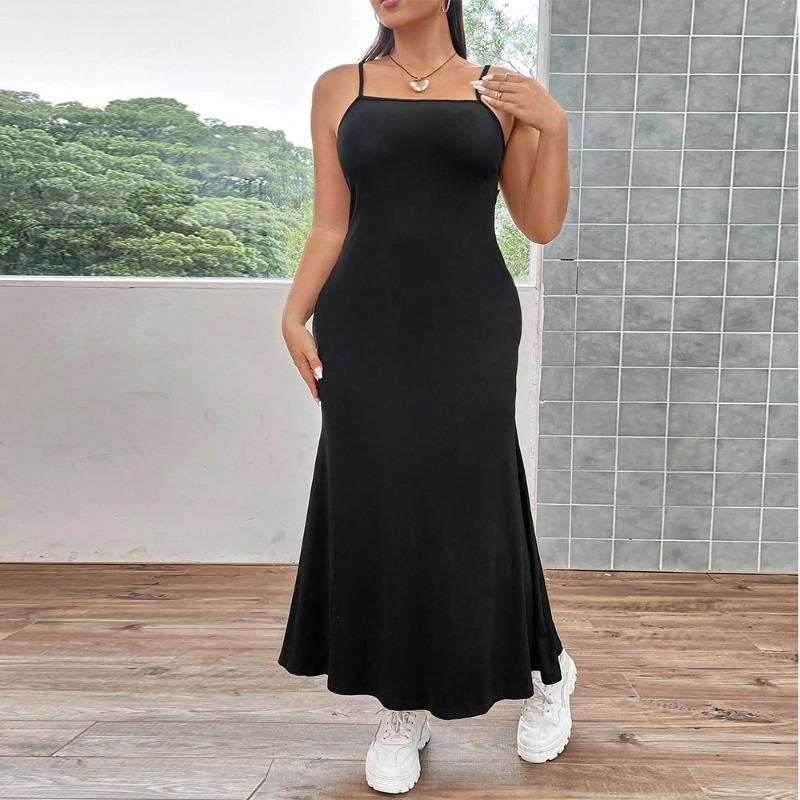 Summer Womens Sexy Fishtail Halter Long Dress Plus Size Package Hip Slim Dress Casual Temperament Fashion Black Dress for Lady