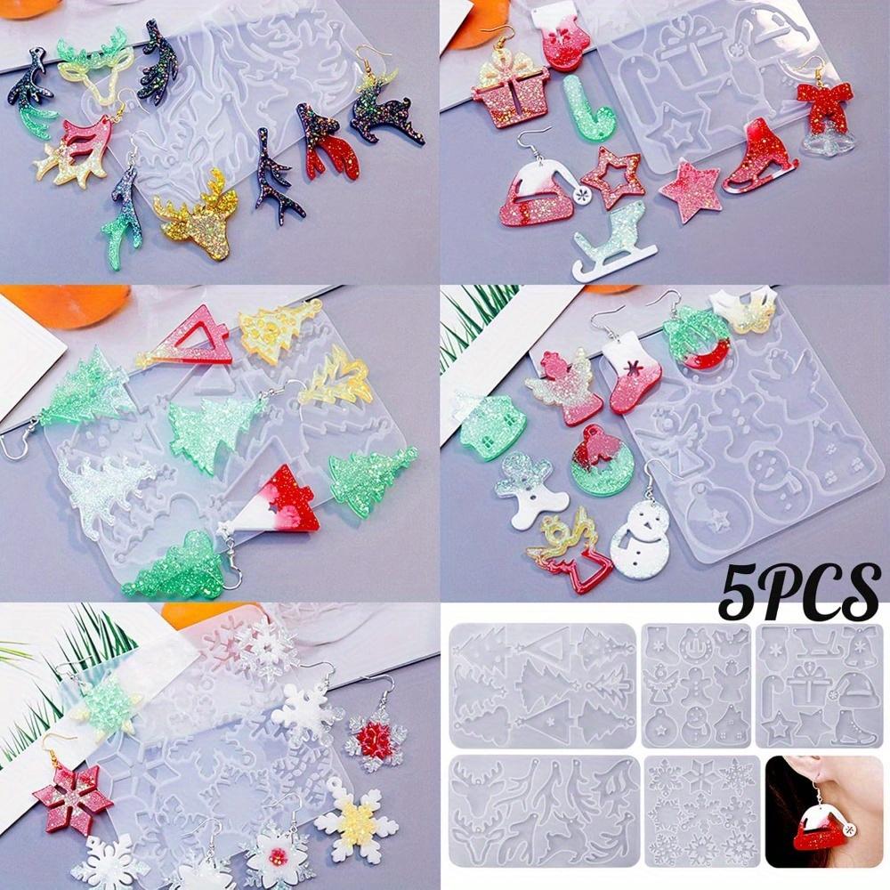 5pcs Resin Earring Molds Resin Jewelry Molds Christmas Silicone Pendant Molds Various Shapes Christmas Tree Snowflake Snowman Elk Resin Silicone Mold