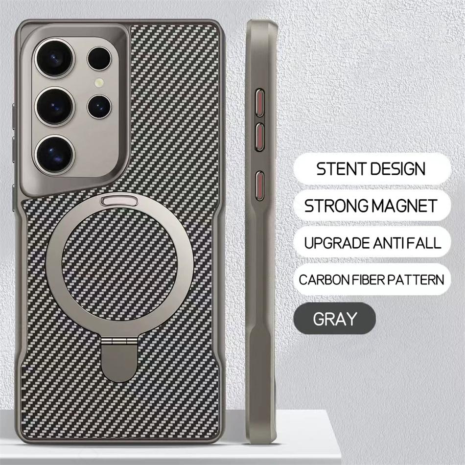 Desert Metal Holder Carbon Fibre Pattern Magnetic Case For Samsung Galaxy S2 Plus S22 S23 S24 Ultra G For Armor Cover