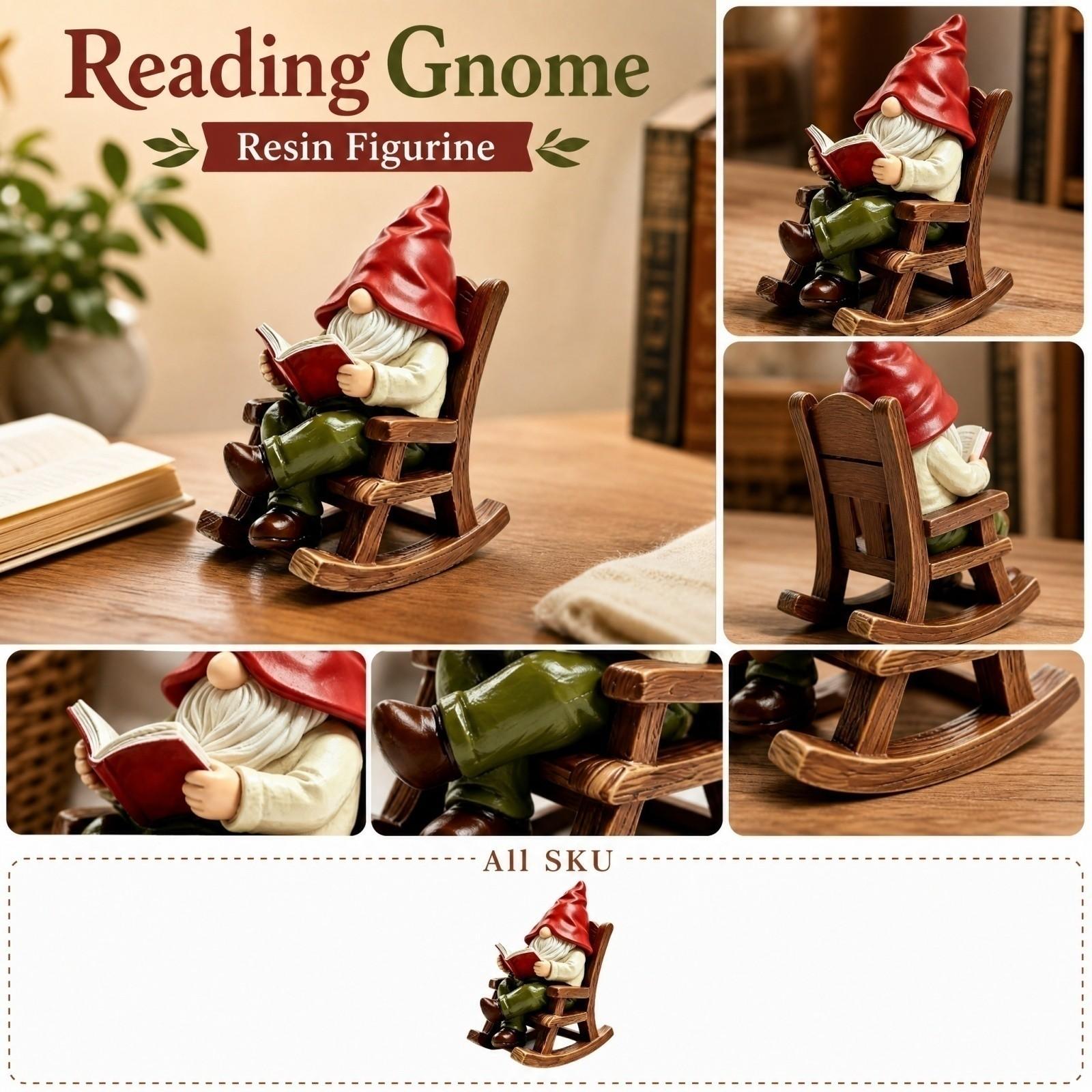 Resin Gnome Figurine - Elderly Man Sitting in Rocking Chair Reading Book - Home Decor Statue for Desktop Shelf One Size
