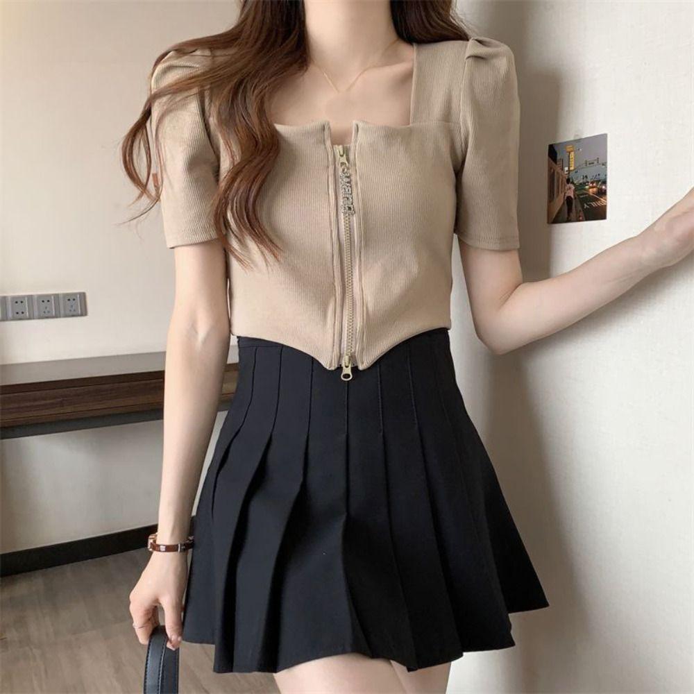 Loose Double Zipper T-shirt Square Neck Crop Tees for Women Fashion Short Sleeved T Shirts  Summer