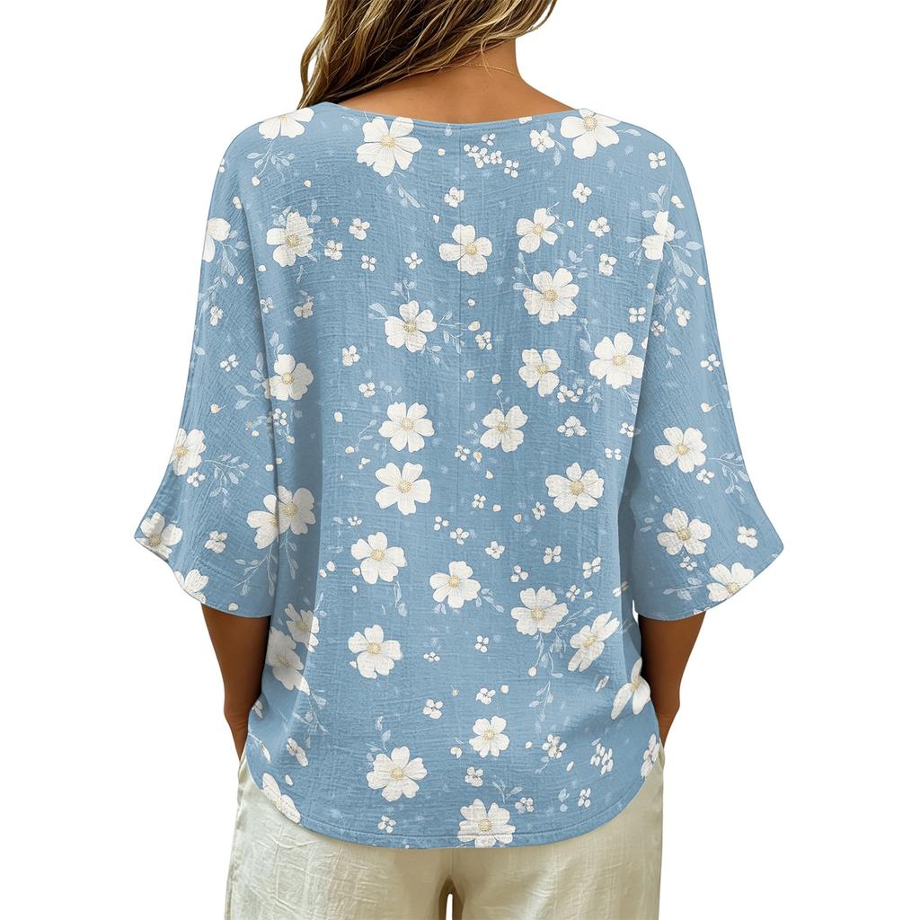 T-shirt da donna con scollo a V, stampa floreale vintage, vestibilità ampia, manica corta, misto lino, top casual con dettaglio a bottone