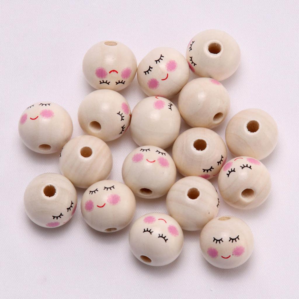 100Pcs Wood Faced Beads, Smiles Beads with Holes, Natural Wood Beads Round Loose Beads for DIY Crafts and Jewelry Making