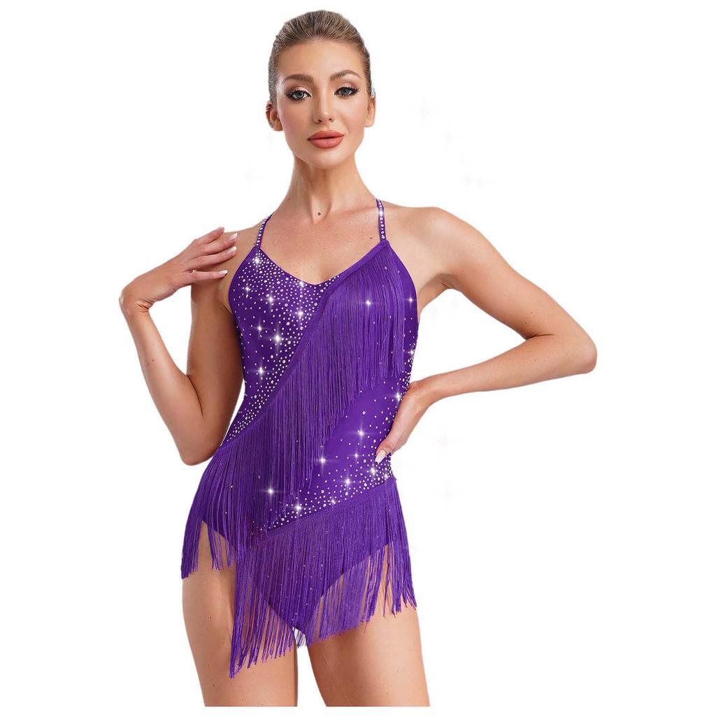 Womens Latin Dance Leotard Halter Neck Backless Design Rhinestone and Tassel Embellishments for Competitions and Shows