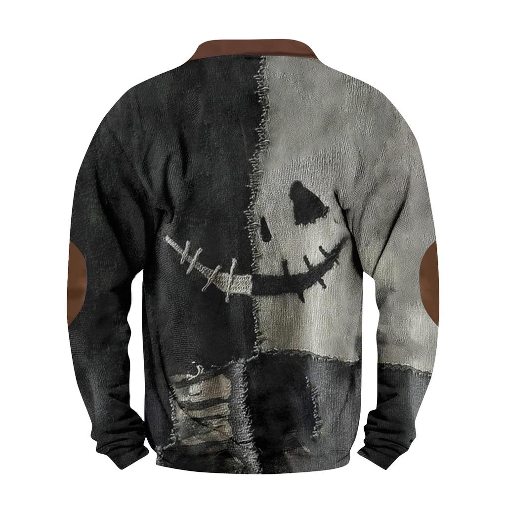 Men's Casual Fashion Christmas Printed Hoodless Sweatshirt Wide Men's Loose Button Stand Collar Hooded Sweatshirt