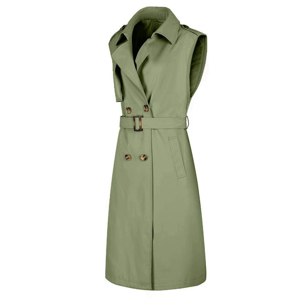 Women's Sleeveless Double-Breasted Trench Coat - Lapel, Belted, Polyester Outerwear, Casual Style