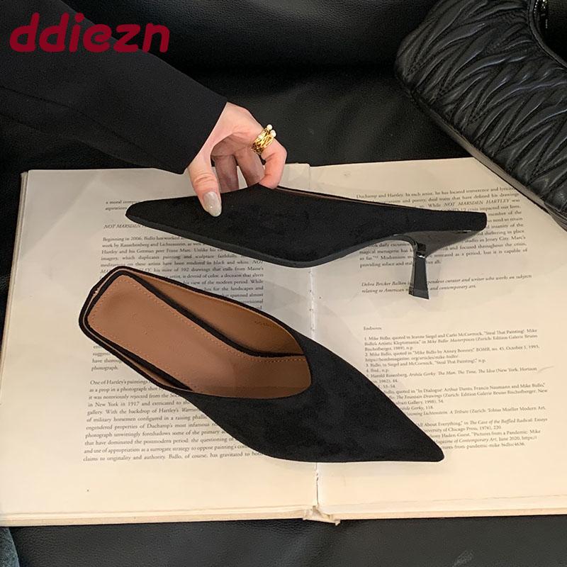 Fashion Fashion Pointed Toe Ladies Medium Heels Slippers Shoes Female Slides Heeled Slippers Sandals Shoes For Women Mules 2025 New