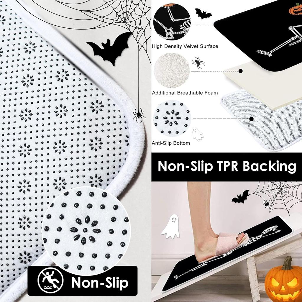 Halloween Shower Curtain Sets With Rugs Halloween Skeleton And Pumpkins Bathroom Set With Non-Slip Rug, Toilet Lid Cover