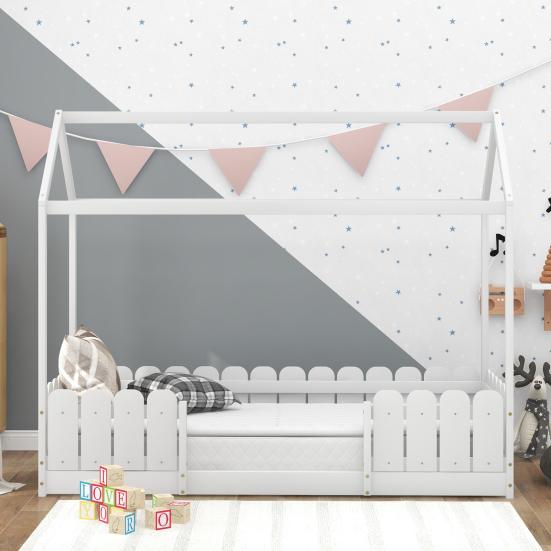 Single Bed Sturdy Construction High Stability Fence Design Mildew-proof Good Load-bearing Anti-fall Smooth Surface Frame Wooden Bedstead Bedroom