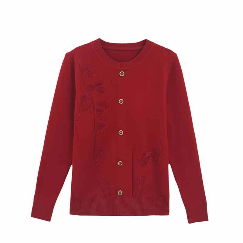 Women's Versatile Round Neck Embroidered Cardigan - Knitwear for Middle-aged and Elderly, Spring & Autumn, Mercerized Cotton