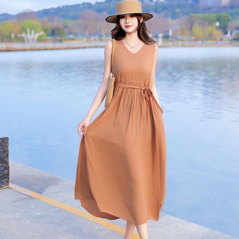 New Women's Summer Sleeveless French Silk-Cotton Beach Dress