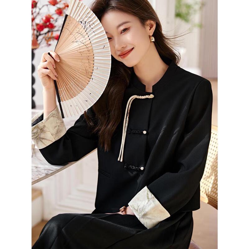 Mohanyimei New Chinese Style Disc Button Contrast Coat