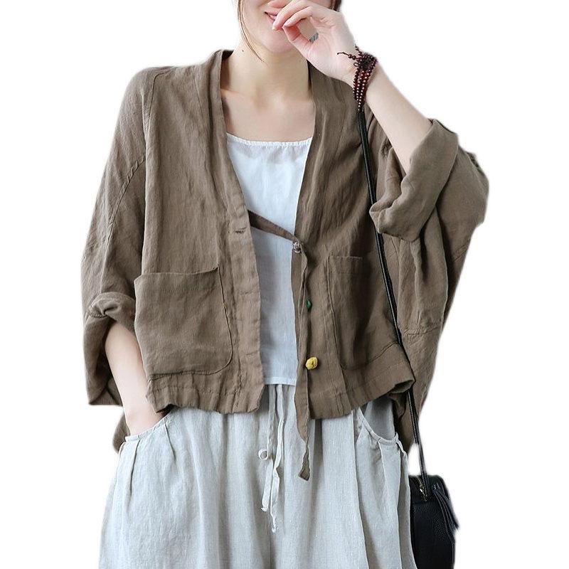 Übergroße Damenbekleidung Frühling und Sommer Locker Langarm Mode Baumwolle und Hanf Strickjacke Sonnenschutzmantel
