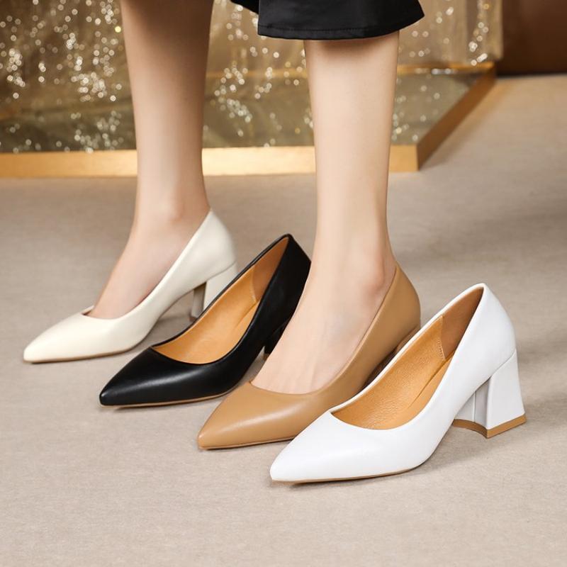 Large high-heeled shoes women 2024 new style thick-heeled pointed light-mouthed single black mid-heeled working women's shoes