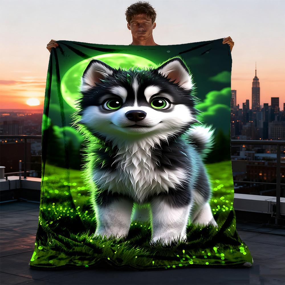 1pc Husky Puppy Throw Blanket Polyester Fiber, Lightweight Flannel, Soft & Warm, All Season Use for Outdoor, Camping Digital Print