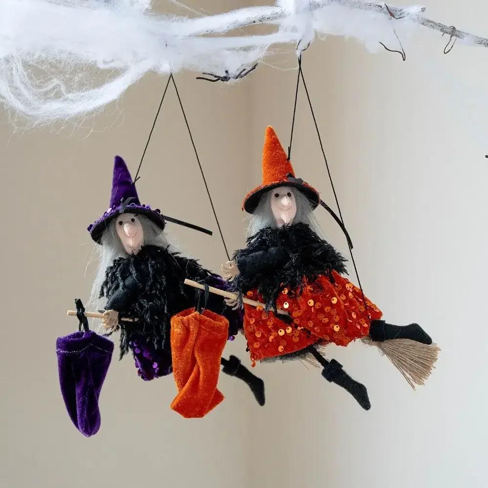 Multicolor Halloween Hanging Decoration Riding a Broomstick Witch Cartoon Pumpkin Ghost Hanging Pendants Scene Dress Up