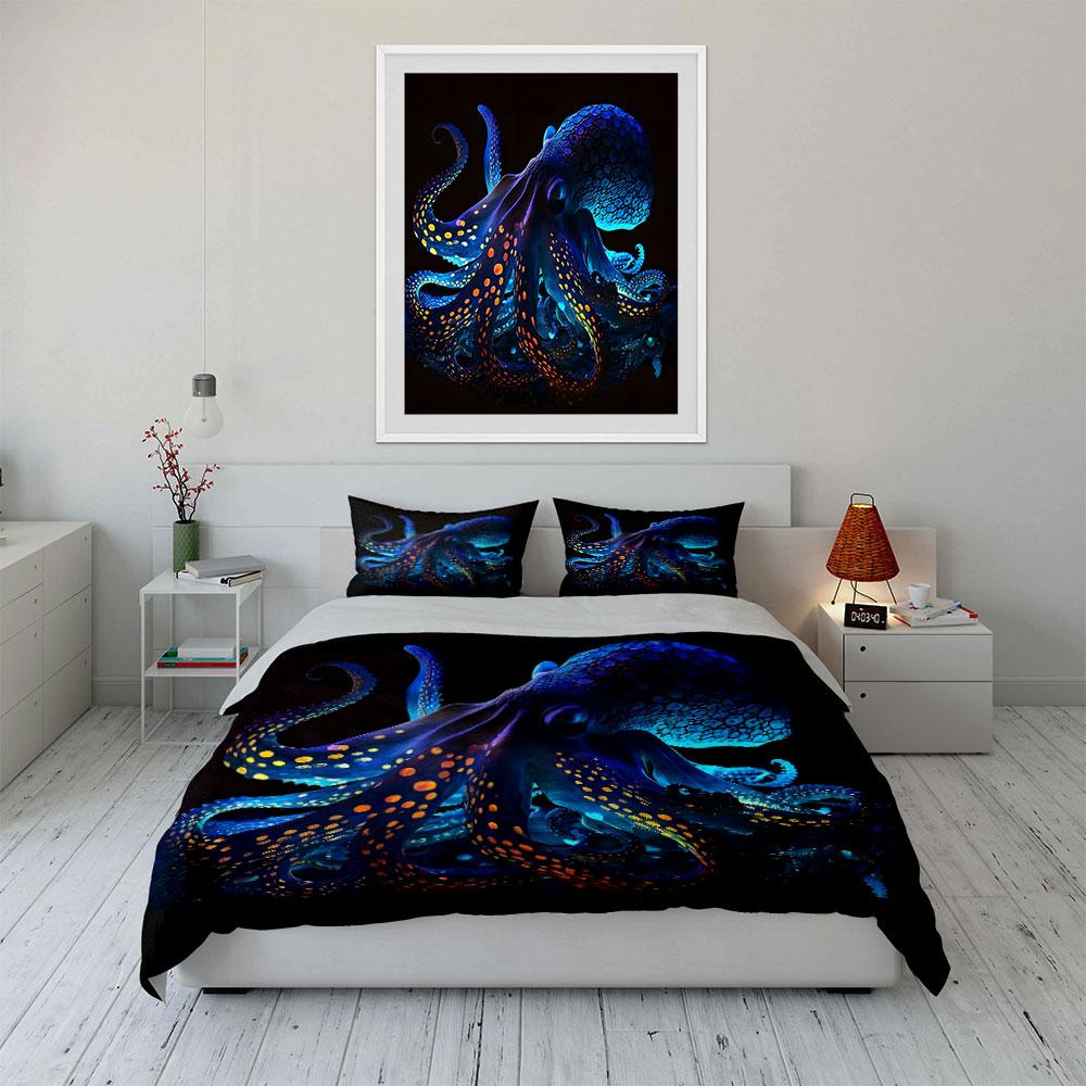 Colorful Glowing Octopus Illustration Print Bedding Set 1 Duvet Cover 2 Pillowcases For Adult Children Luxury Gift Full Size