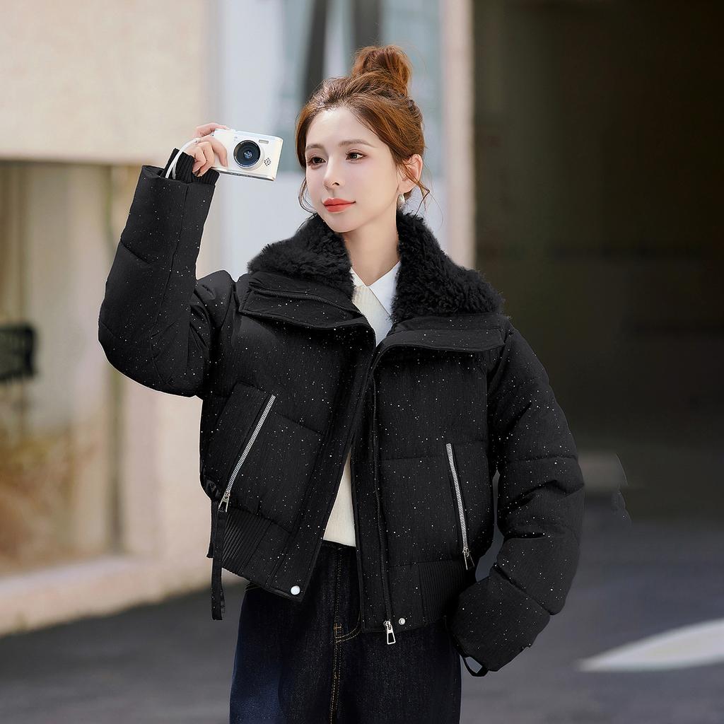 High-end plush collar short cotton clothes women's winter new shiny cotton-padded clothes fashionable warm lapel jacket