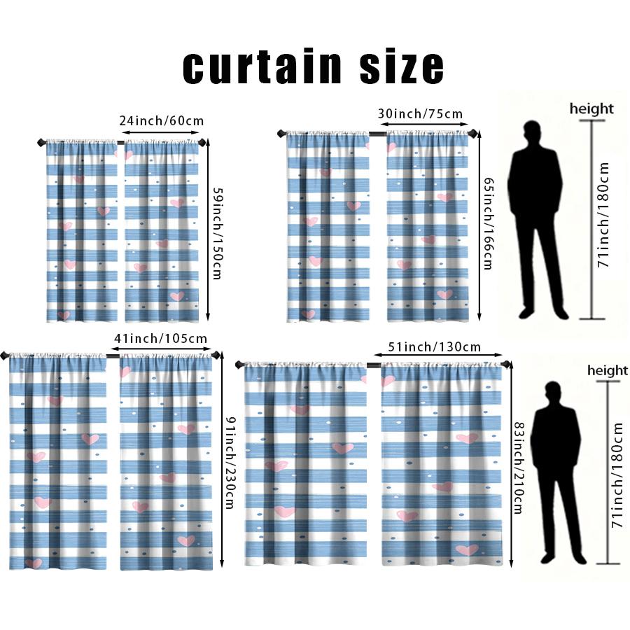 2 st Blå- och vitrandiga rosa hjärtgardiner, Söt vind, Vardagsrum och sovrum, Dekoration med dragsko-ficka